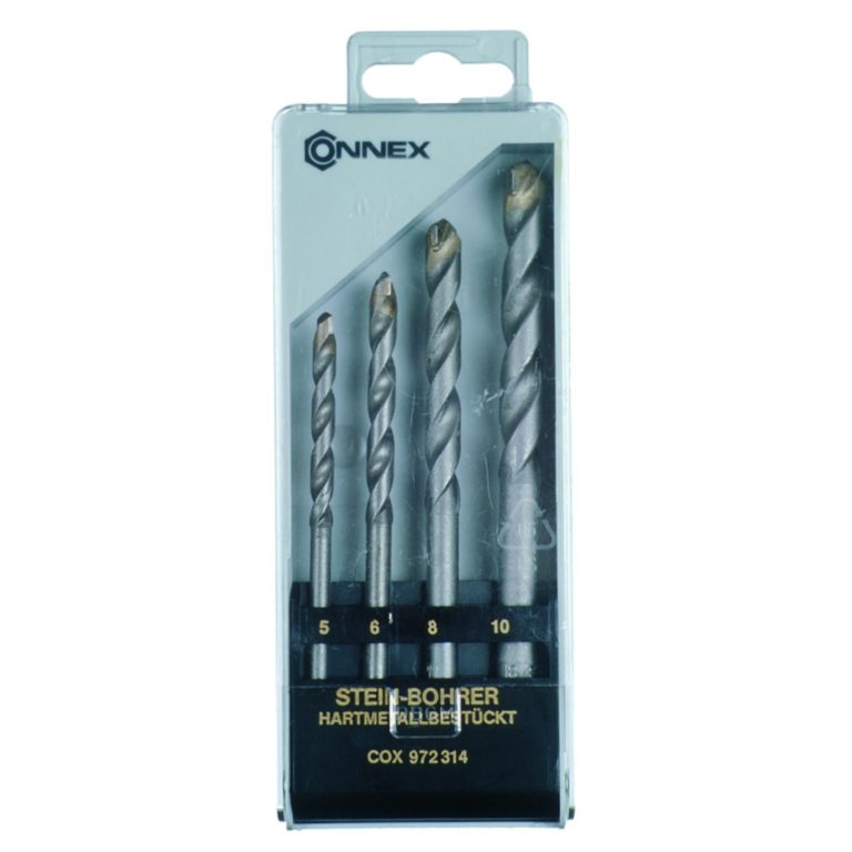 Set od četiri udarna svrdla za kamen promjera 5 6 8 i 10 mm u plastičnoj kutijici