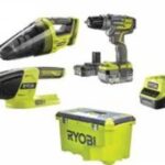 Ryobi aku set R18PDBL-252V s bušilicom, usisavačem, svjetiljkom, akumulatorima, punjačem i kovčegom
