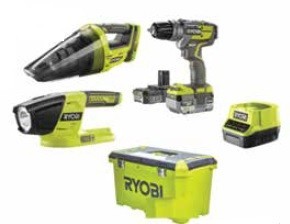Ryobi aku set R18PDBL-252V s bušilicom, usisavačem, svjetiljkom, akumulatorima, punjačem i kovčegom