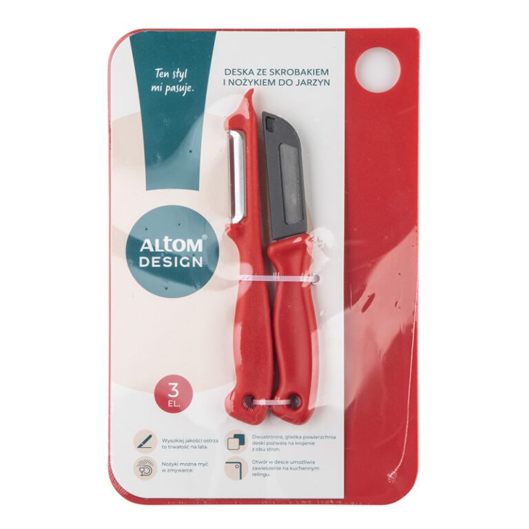 Altom Design set crvena daska za rezanje s nožem i strugačem 24 cm