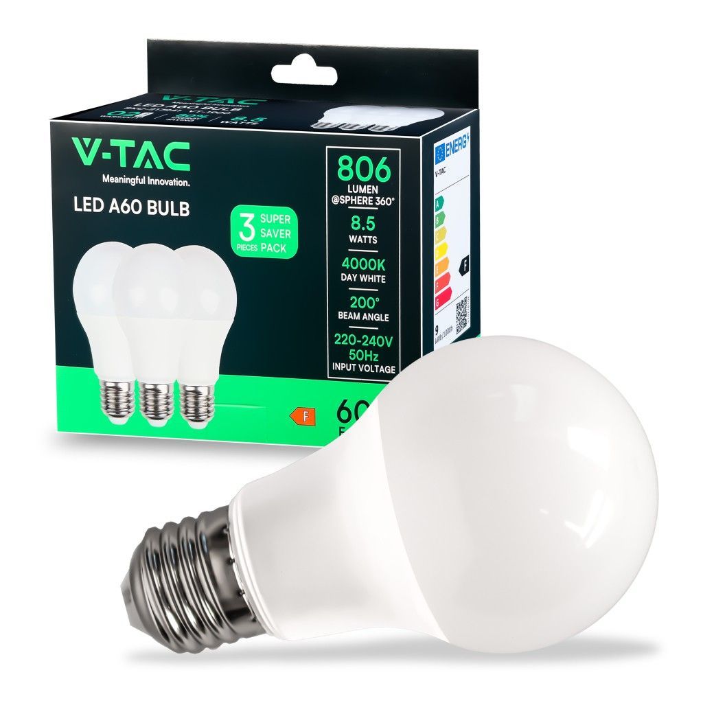 V-TAC Led žarulja - 8.5W A60 E27 3000K, 3 kom/pack 217240 V-TAC Led žarulja - 8.5W A60 E27 3000K, 3 kom/pack 217240 - Slika 1
