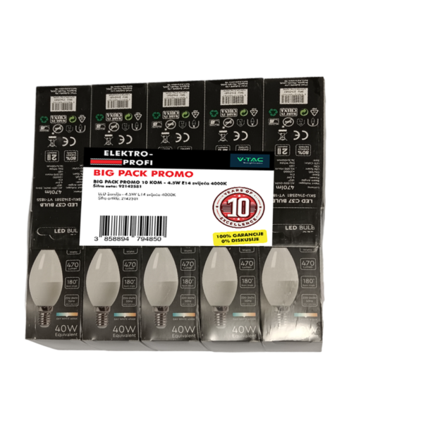 V-TAC BIG PACK PROMO SET 10 KOM LED žarulja - 4.5W E14 svijeća 4000K 92142581