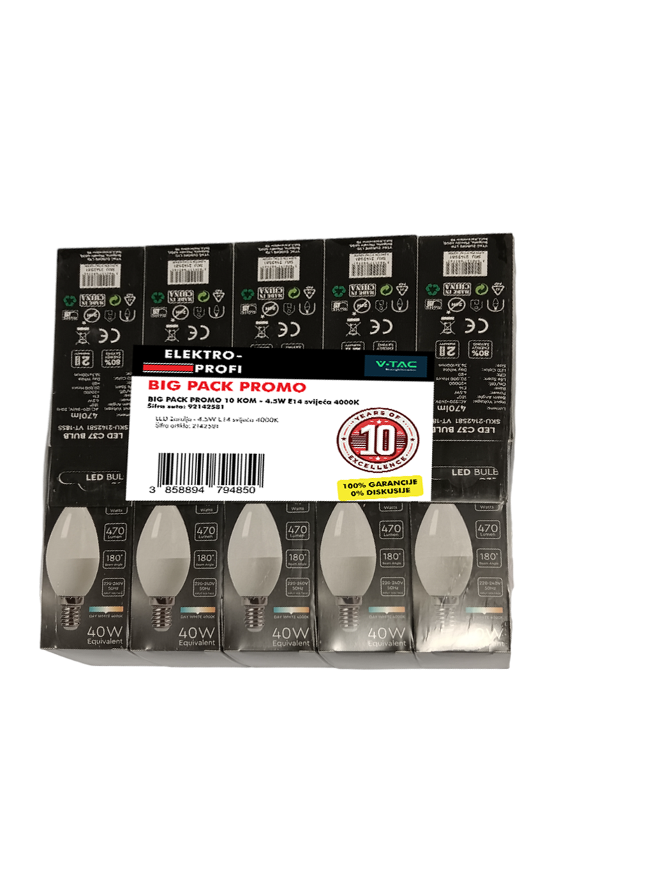 V-TAC BIG PACK PROMO SET 10 KOM LED žarulja - 4.5W E14 svijeća 4000K 92142581 V-TAC BIG PACK PROMO SET 10 KOM LED žarulja - 4.5W E14 svijeća 4000K 92142581 - Slika 1