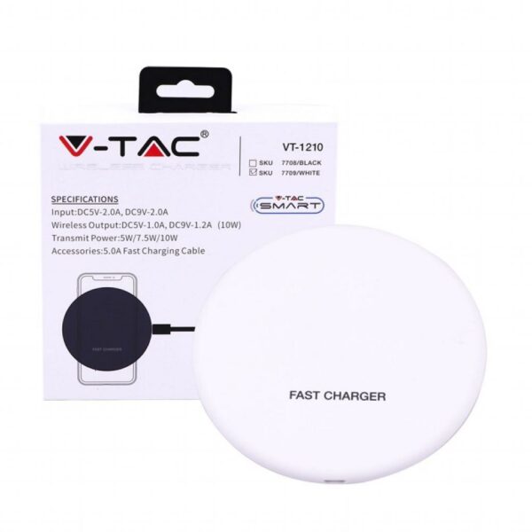 V-TAC Bežični punjač 5A, brzo punjenje, okrugli, bijeli 7709