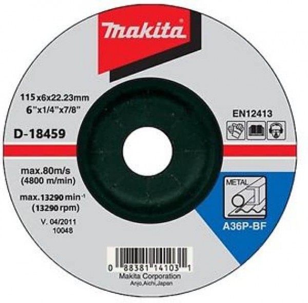 MAKITA Brusna ploča 115x6x22 -A D-18459 Makita brusna ploča D-18459 promjer 115 mm debljina 6 mm s provrtom 22,23 mm