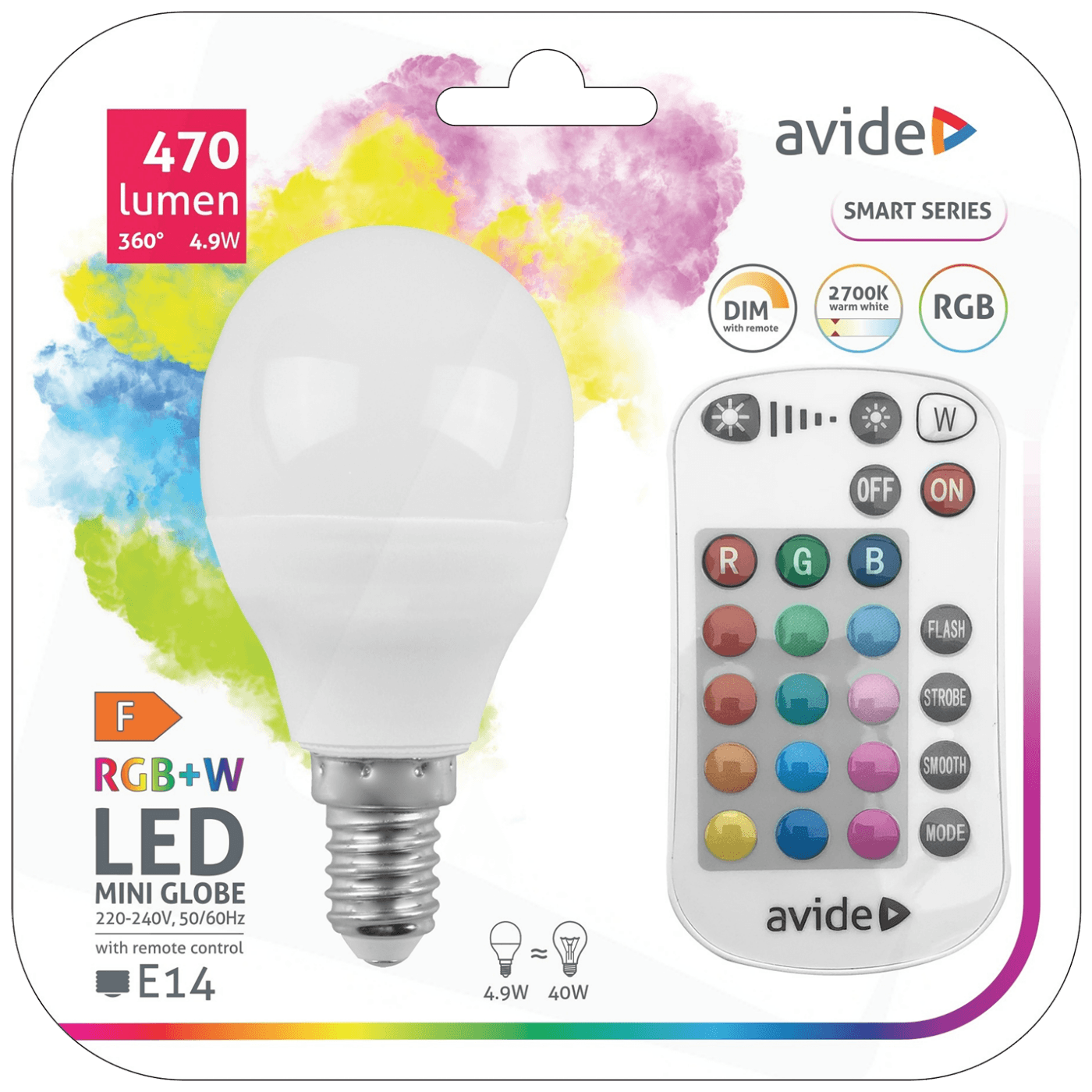 Avide Pametna sijalica, LED 4.9W, E14, RGB+W, 2700K, daljinski - Smart LED Mini Globe 4.9W Avide Pametna sijalica, LED 4.9W, E14, RGB+W, 2700K, daljinski - Smart LED Mini Globe 4.9W - Slika 1
