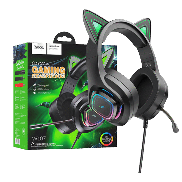 hoco. Slušalice sa mikrofonom, gaming, USB/3.5 mm, LED - W107 Cute Cat Black/Green