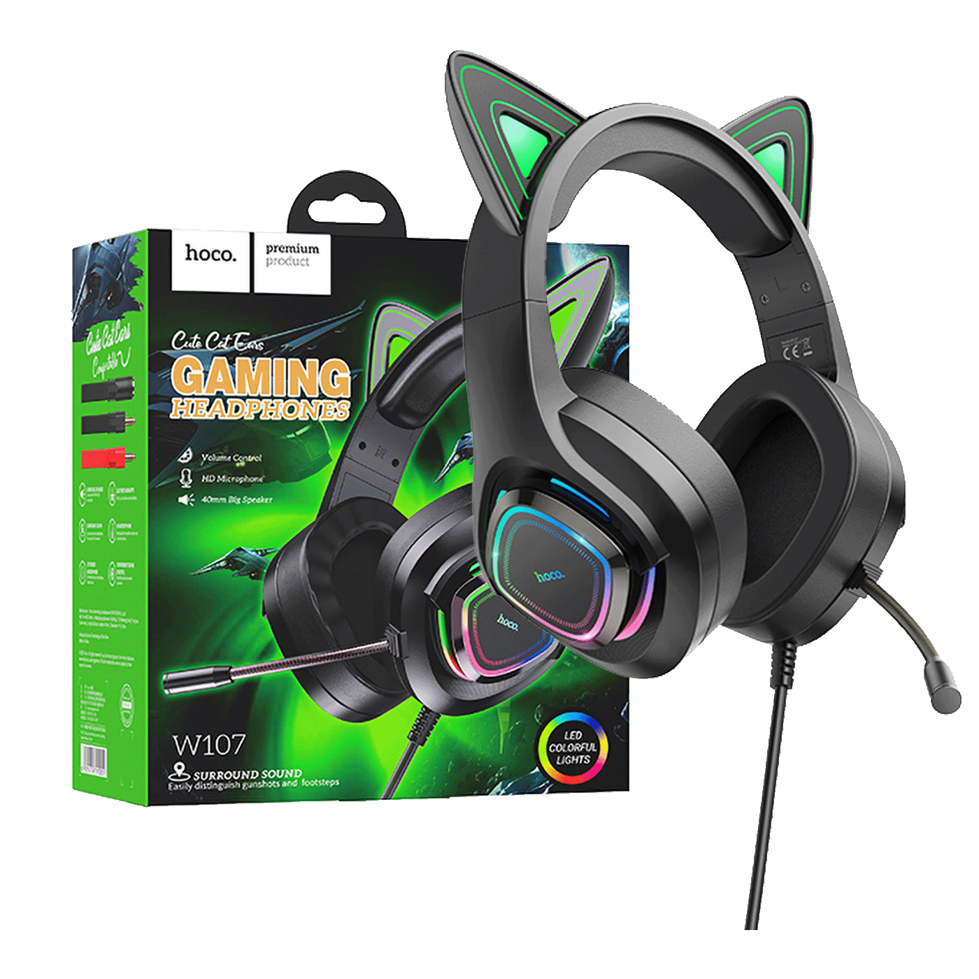 hoco. Slušalice sa mikrofonom, gaming, USB/3.5 mm, LED - W107 Cute Cat Black/Green hoco. Slušalice sa mikrofonom, gaming, USB/3.5 mm, LED - W107 Cute Cat Black/Green - Slika 1
