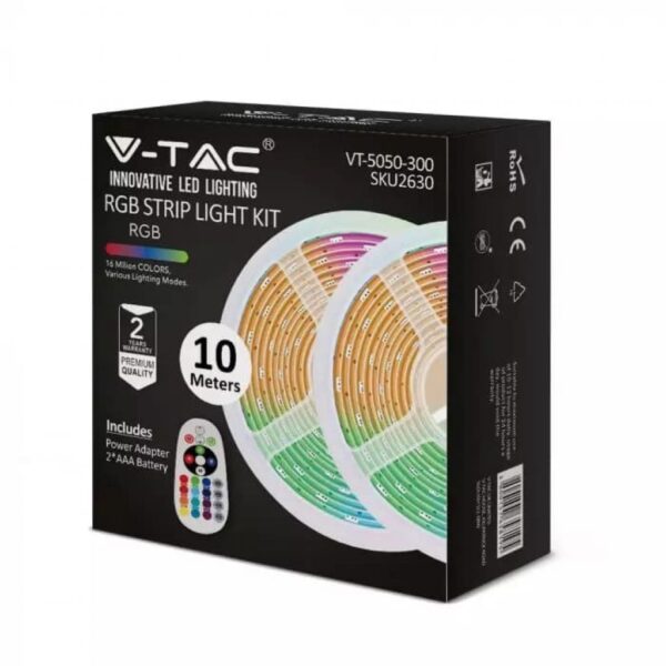 V-TAC LED traka - SET s kontrolerom, daljinskim upravljačem i pretvaračem 4,8W/m 300 LED (2X5m ) RGB IP20V 12V 2630