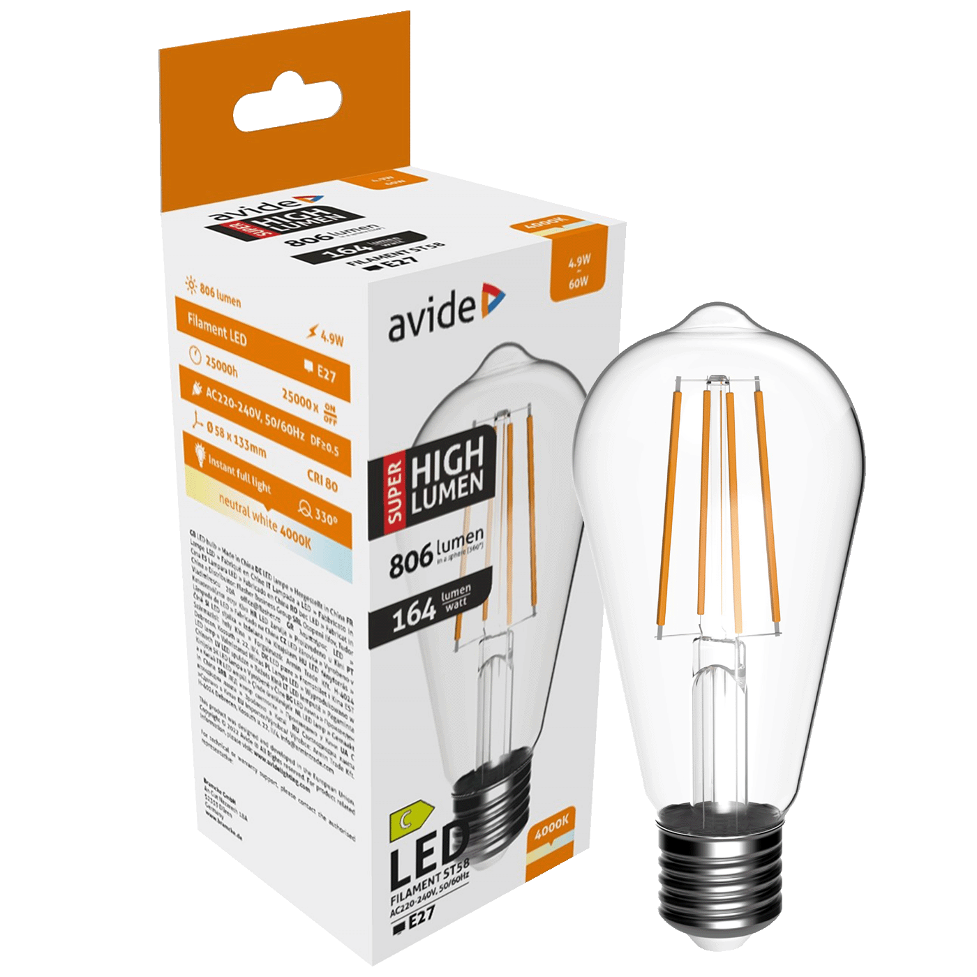 Avide Žarulja, LED 4.9W, E27, 4000K, 230V AC, bijela svjetlost - Filament ST58 4.9W E27 Avide Žarulja, LED 4.9W, E27, 4000K, 230V AC, bijela svjetlost - Filament ST58 4.9W E27 - Slika 1