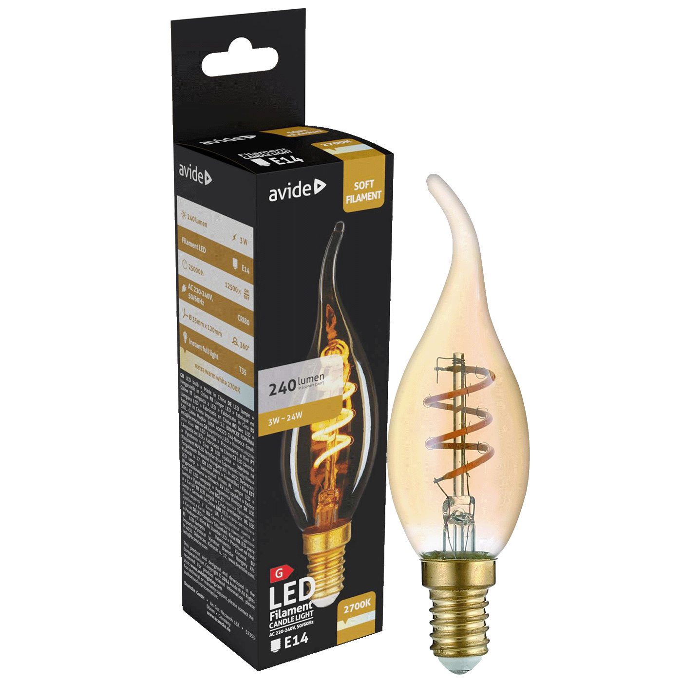 Avide Žarulja,LED 3W,E14,2700K,230V AC,topla bijela svjetlost - Soft Filament Candle Flame 3W E14 Avide Žarulja,LED 3W,E14,2700K,230V AC,topla bijela svjetlost - Soft Filament Candle Flame 3W E14 - Slika 1