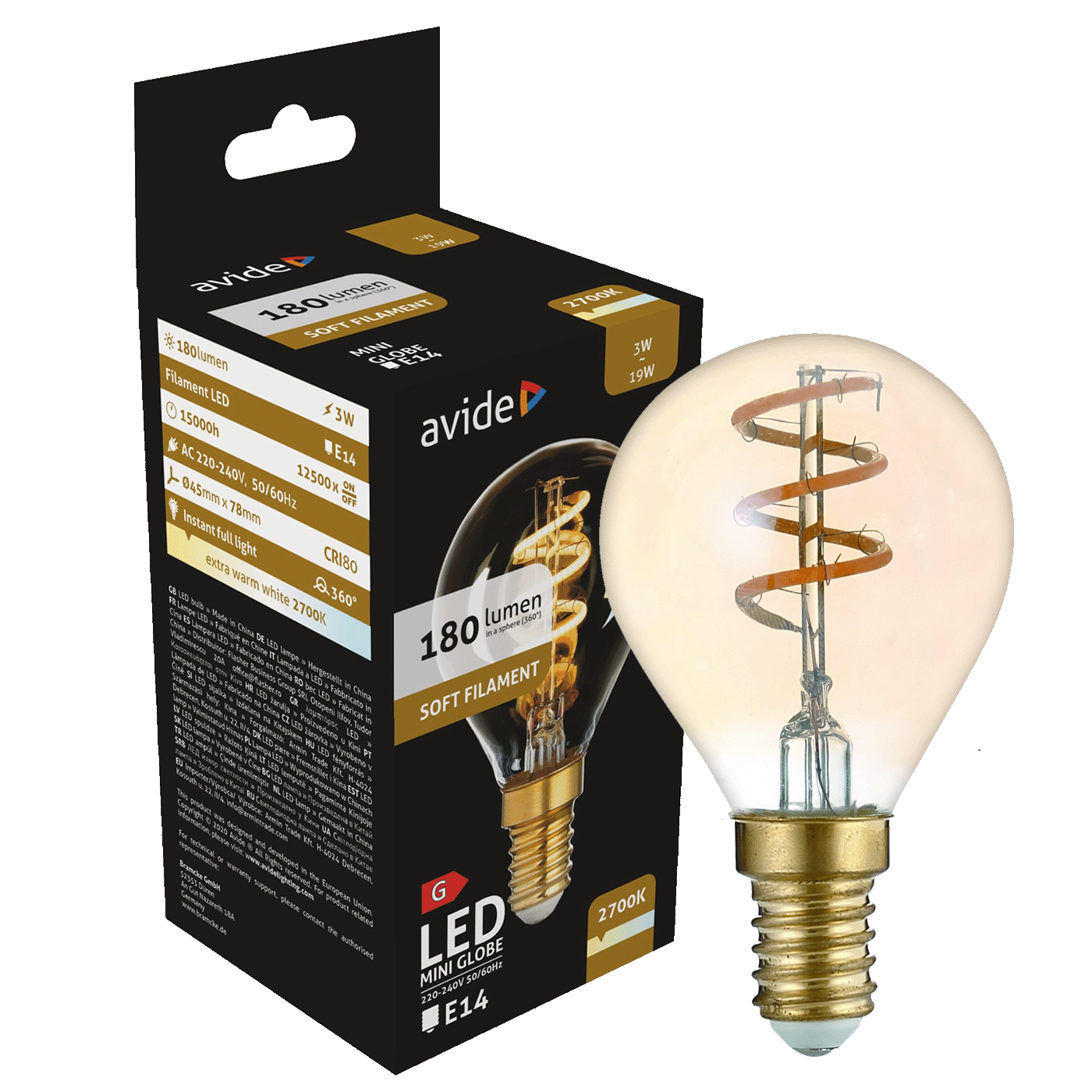 Avide Žarulja,LED,3W,E14,2700K,230V AC,topla bijela svjetlost - Soft Filament Mini Globe 3W E14 Avide Žarulja,LED,3W,E14,2700K,230V AC,topla bijela svjetlost - Soft Filament Mini Globe 3W E14 - Slika 1