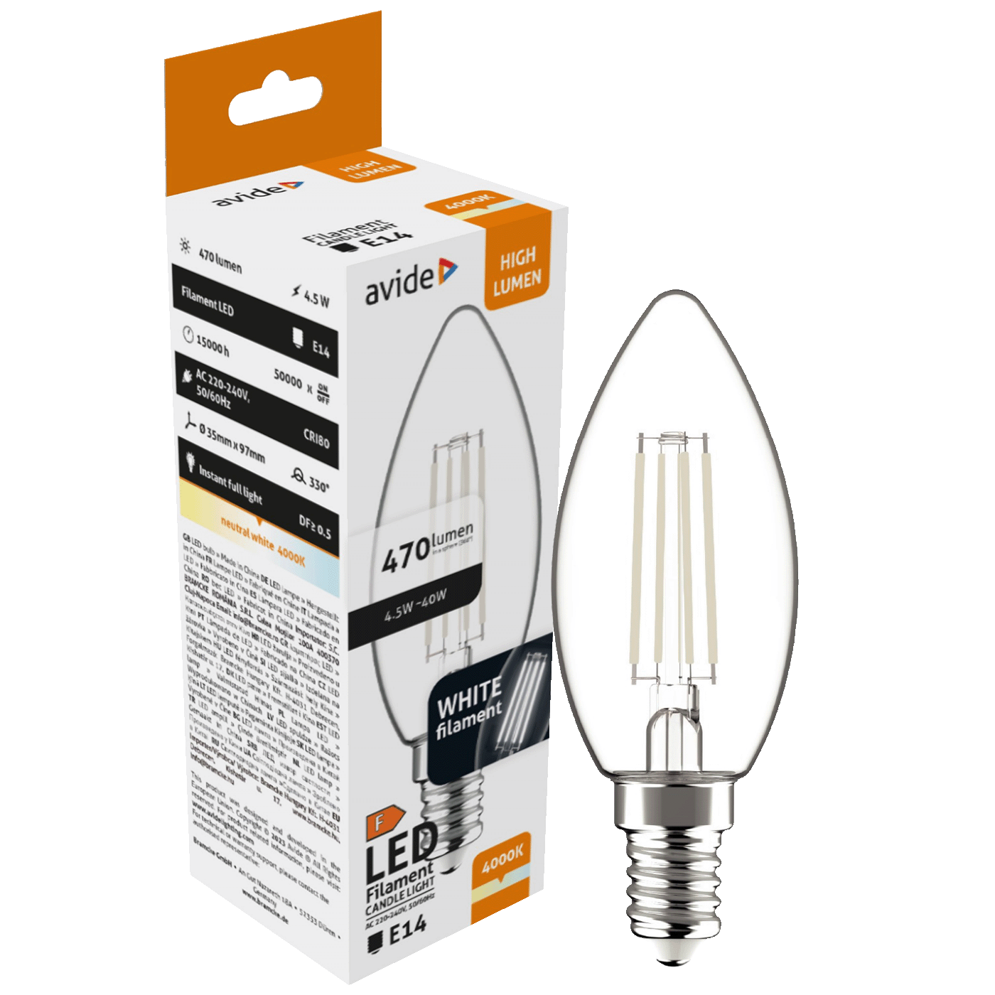 Avide Žarulja, LED 4.5W, E14, 4000K, 230V AC, bijela svjetlost - White Filament Candle 4.5W E14 Avide Žarulja, LED 4.5W, E14, 4000K, 230V AC, bijela svjetlost - White Filament Candle 4.5W E14 - Slika 1