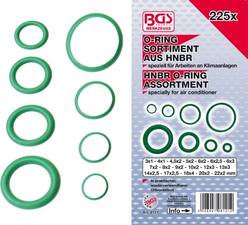 BGS set O-ring HNBR brtvi 3-22mm 225 kom pro+ 8121 BP26 BGS set HNBR O-ring brtvi 3-22 mm 225 komada u plastičnoj kutiji