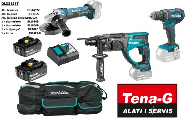 Makita DLX3121T akumulatorski set s brusilicom DGA452, bušilicom DDF482Z i čekić bušilicom DHR202