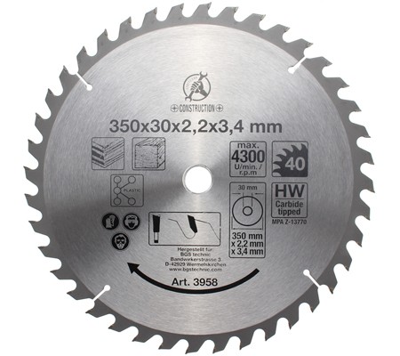 BGS Kružni list 350x30 Z40 Kraftmann 3958 BGS kružni list 350x30 Z40 Kraftmann 3958 promjer 350 mm provrt 30 mm