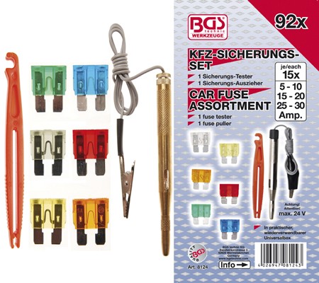 BGS Set auto osigurača 92dj. + ispitivač pro+ 8124 BP26 BGS set auto osigurača 92-dijelni s ispitivačem model 8124 u plastičnoj kutiji