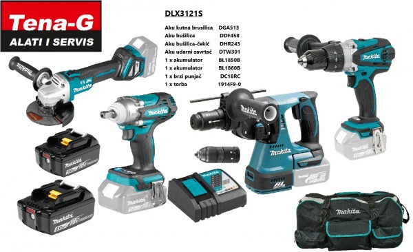 Makita akumulatorski set DLX3121S s brusilicom, bušilicom, čekić bušilicom, udarnim odvijačem, baterijama, punjačem i torbom