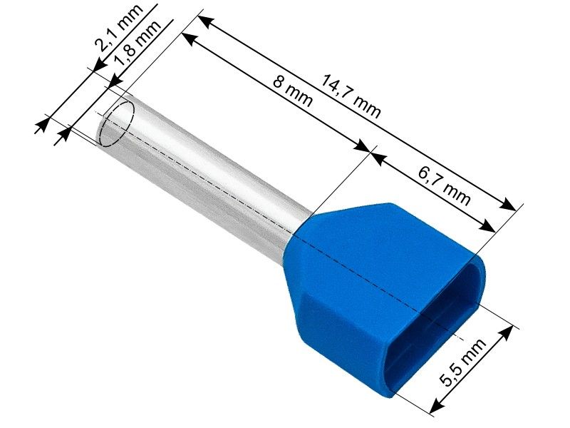 KSA ELEKTROPROFI Izolirani završni tuljci 2x0.75 mm2, 2,1/14,7mm, Ø 5,5mm, plavi, 100 kom PR43-083 KSA ELEKTROPROFI Izolirani završni tuljci 2x0.75 mm2, 2,1/14,7mm, Ø 5,5mm, plavi, 100 kom PR43-083 - Slika 1