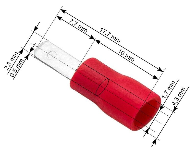 KSA ELEKTROPROFI Stopica plosnata muška izolirana 0,5-1,5 mm2, 2,8/0,5/17,7mm, Ø 4,3mm, crvena, 100 kom PR43-028 KSA ELEKTROPROFI Stopica plosnata muška izolirana 0,5-1,5 mm2, 2,8/0,5/17,7mm, Ø 4,3mm, crvena, 100 kom PR43-028 - Slika 1